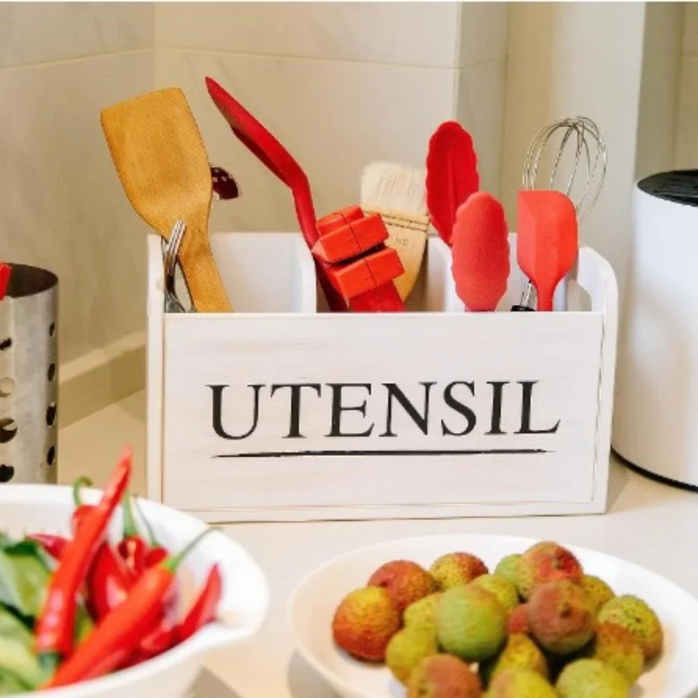 XL Farmhouse White Wooden Kitchen Utensil Holder - Cooking Utensil Organizer